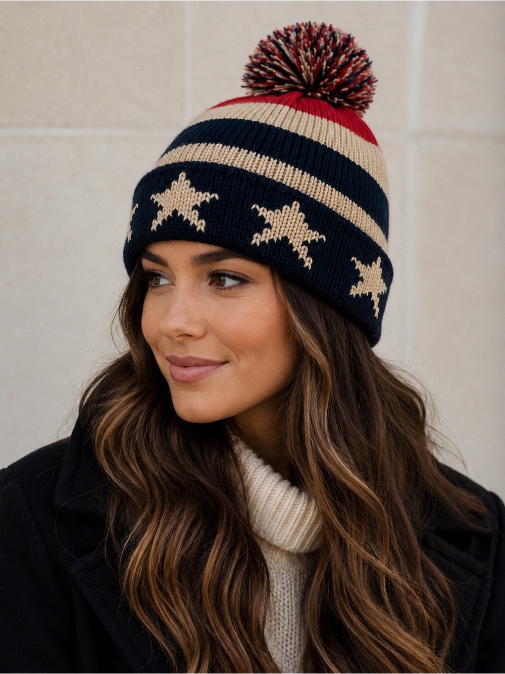 Modena New York Knit Winter Beanie Red Cream Blue